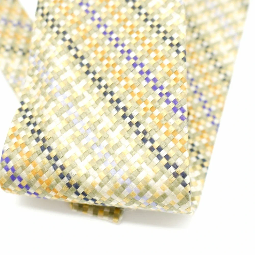 Metropolitan Lord & Taylor Yellow Blue Striped‎ Check Woven Silk Tie Made In USA